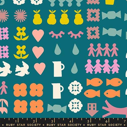 Image of Paper Cuts 2 Novelty Storytime quilting cotton fabric by Ruby Star Society for Moda Fabrics. Features shapes on a blue background. Cute Little Fabric Shop.