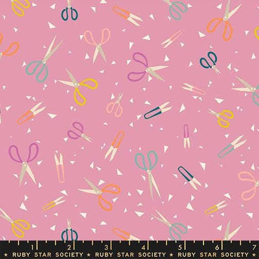Image of Paper Cuts 2 Scissors Plum quilting cotton fabric by Ruby Star Society for Moda Fabrics. Features scissors on a pink background. Cute Little Fabric Shop.