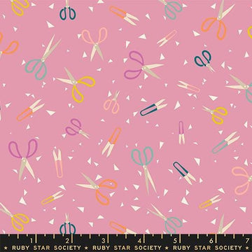 Image of Paper Cuts 2 Scissors Plum quilting cotton fabric by Ruby Star Society for Moda Fabrics. Features scissors on a pink background. Cute Little Fabric Shop.
