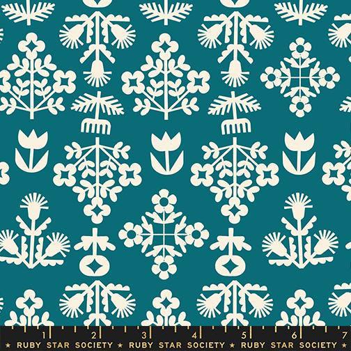 Image of Paper Cuts 2 Fresh Storytime quilting cotton fabric by Ruby Star Society for Moda Fabrics. Features flowers on a blue background. Cute Little Fabric Shop.