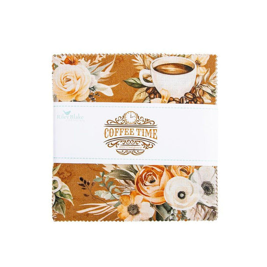 The image is a square fabric with a floral pattern and a cup of coffee on it.