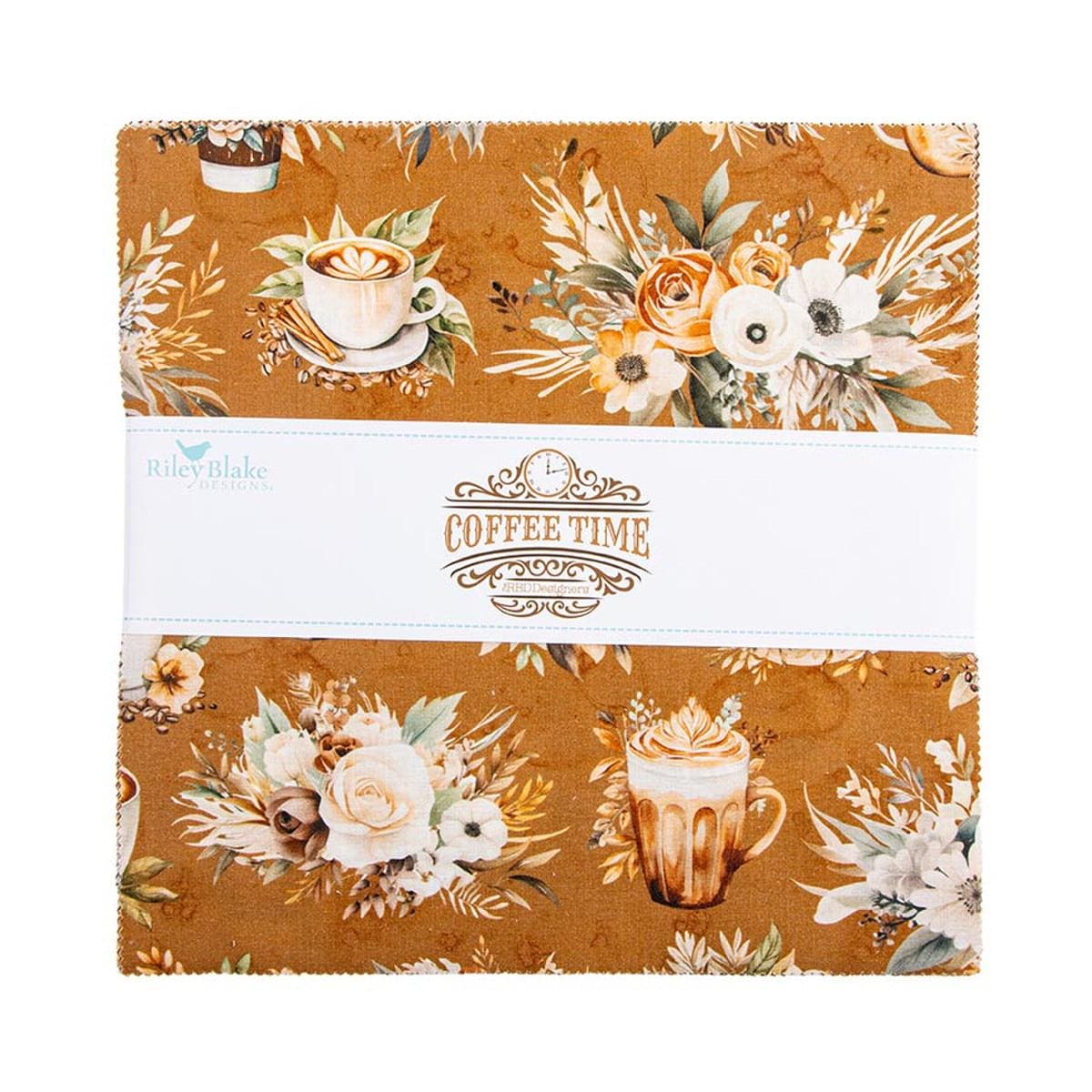 The image is a fabric swatch featuring a floral pattern with coffee-related items such as cups, saucers, and flowers.