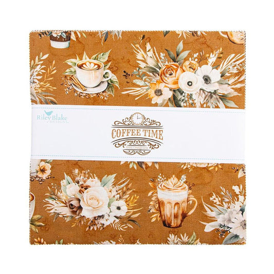 The image is a fabric swatch featuring a floral pattern with coffee-related items such as cups, saucers, and flowers.