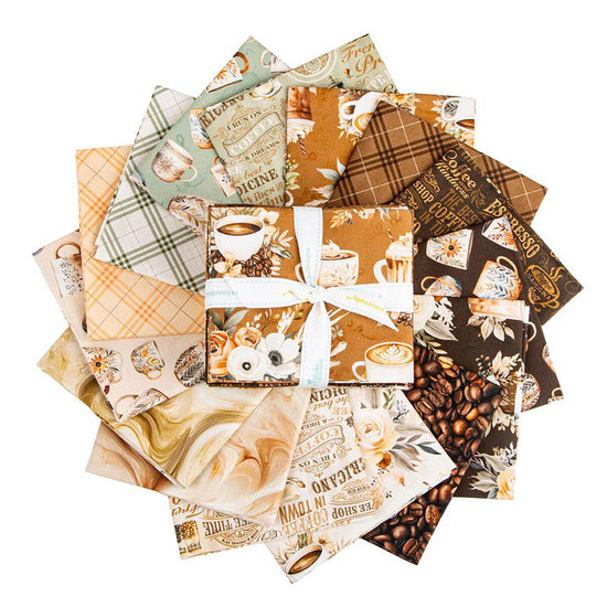 The image is a collection of various fabric pieces with different patterns and designs, including coffee-related motifs.