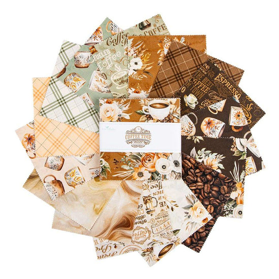 The image is a collection of various fabric swatches with different patterns and designs, including coffee-related motifs such as coffee cups, mugs, and steam.