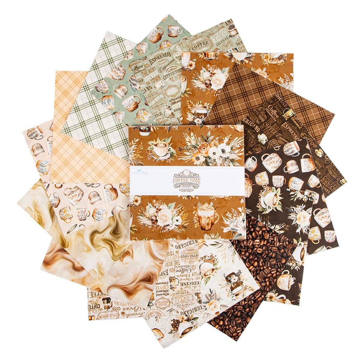 a collection of various fabric pieces with different patterns and designs, including coffee-related motifs.