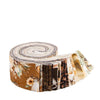 A collection of brown and white fabric rolls with floral patterns, arranged in a circular fashion.