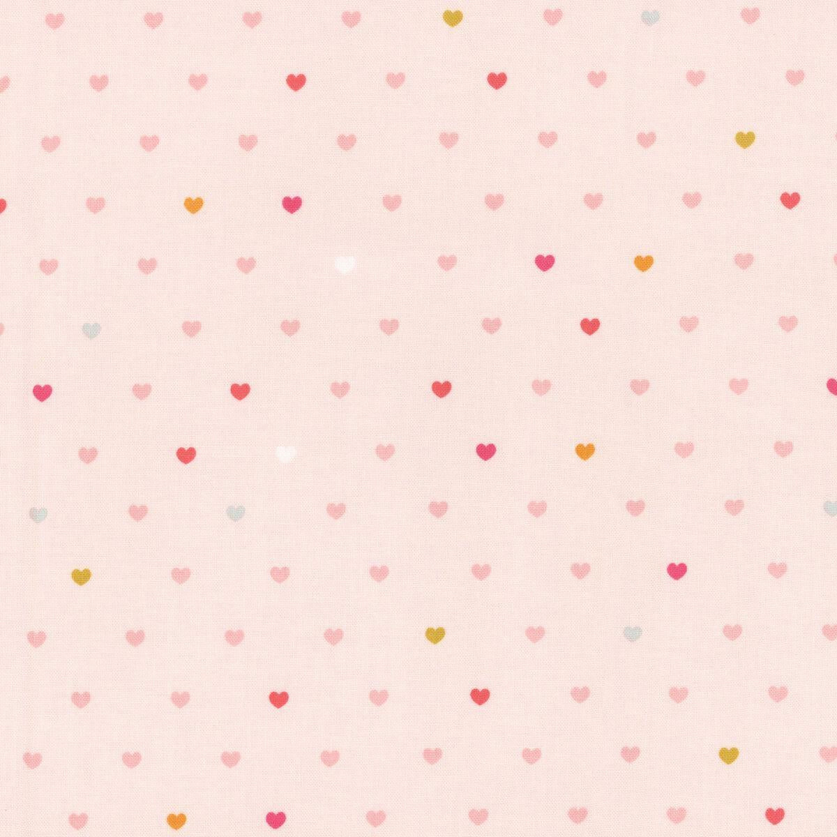 Image of Serendipity 2 Hearts Blush quilting cotton fabric by Minki Kim for Riley Blake Designs. Features hearts on a pink background. Cute Little Fabric Shop.