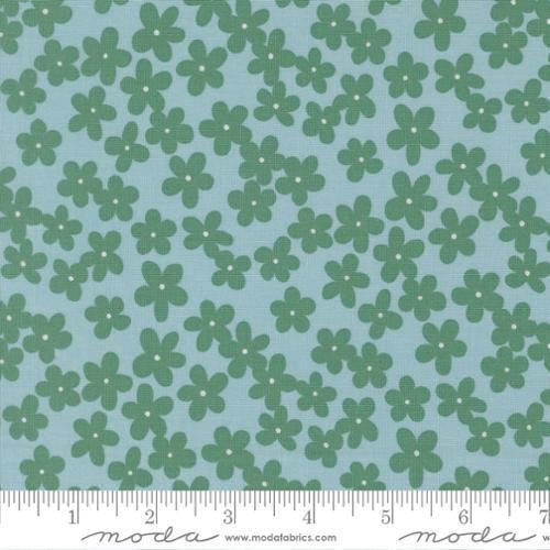 Image of True to Hue Petal Dusty Sky quilting cotton fabric by Alli K Design for Moda Fabrics. Features flowers on a blue background. Cute Little Fabric Shop.
