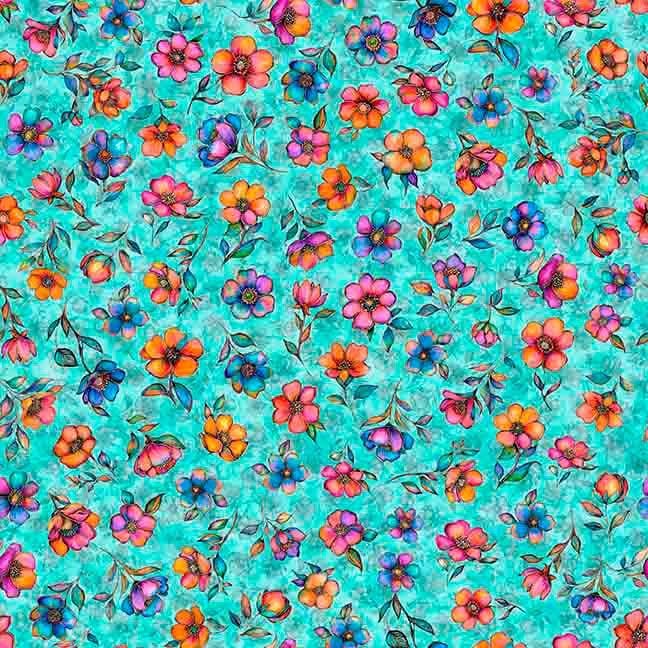 Image of Fluttering Gardens Small Floral Turquoise quilting cotton fabric by Morris Creative Group for QT Fabrics. Features flowers on a blue background. Cute Little Fabric Shop.