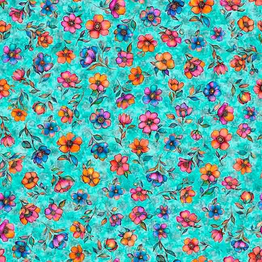 Image of Fluttering Gardens Small Floral Turquoise quilting cotton fabric by Morris Creative Group for QT Fabrics. Features flowers on a blue background. Cute Little Fabric Shop.
