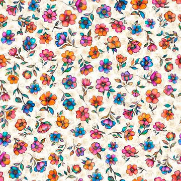 Image of Fluttering Gardens Small Floral Oatmeal quilting cotton fabric by Morris Creative Group for QT Fabrics. Features flowers on a cream background. Cute Little Fabric Shop.