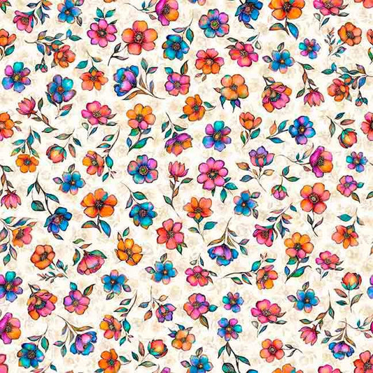 Image of Fluttering Gardens Small Floral Oatmeal quilting cotton fabric by Morris Creative Group for QT Fabrics. Features flowers on a cream background. Cute Little Fabric Shop.