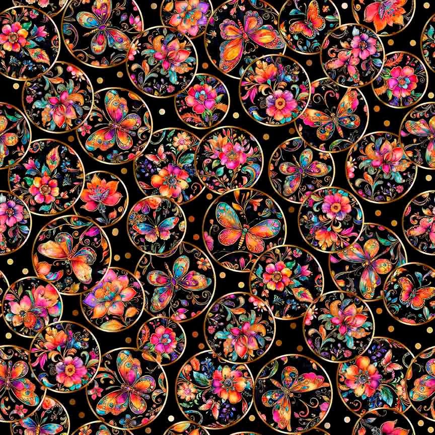 Image of Fluttering Gardens Butterfly Medallions Black quilting cotton fabric by Morris Creative Group for QT Fabrics. Features butterflies on a black background. Cute Little Fabric Shop.