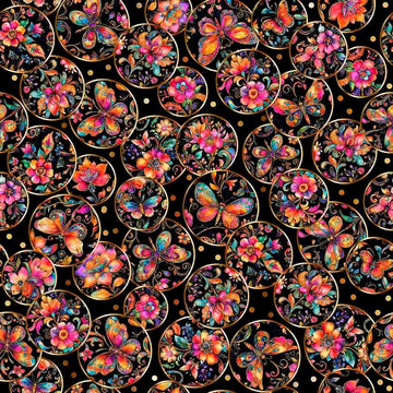 Image of Fluttering Gardens Butterfly Medallions Black quilting cotton fabric by Morris Creative Group for QT Fabrics. Features butterflies on a black background. Cute Little Fabric Shop.