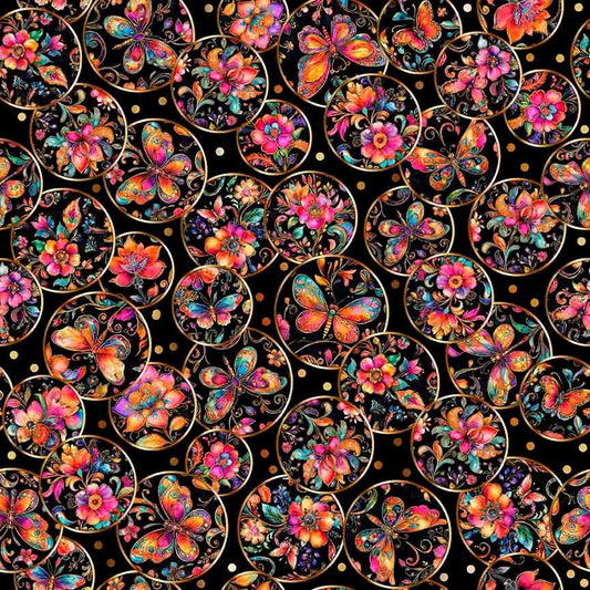 Image of Fluttering Gardens Butterfly Medallions Black quilting cotton fabric by Morris Creative Group for QT Fabrics. Features butterflies on a black background. Cute Little Fabric Shop.