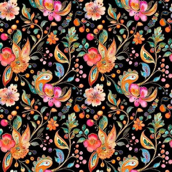 Image of Fluttering Gardens Floral Paisley Black quilting cotton fabric by Morris Creative Group for QT Fabrics. Features flowers on a black background. Cute Little Fabric Shop.