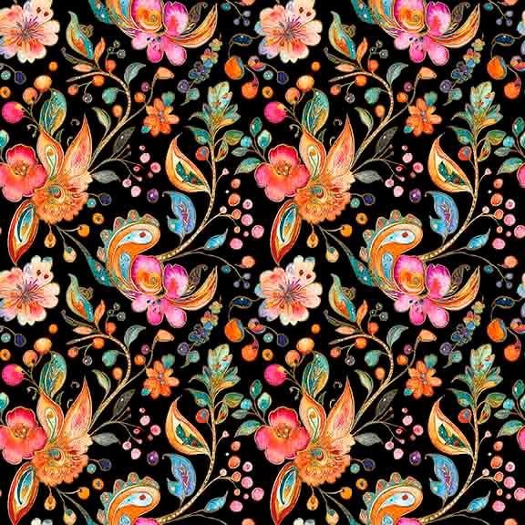 Image of Fluttering Gardens Floral Paisley Black quilting cotton fabric by Morris Creative Group for QT Fabrics. Features flowers on a black background. Cute Little Fabric Shop.