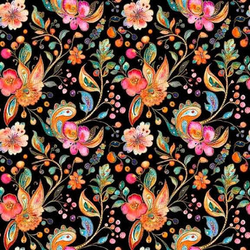 Image of Fluttering Gardens Floral Paisley Black quilting cotton fabric by Morris Creative Group for QT Fabrics. Features flowers on a black background. Cute Little Fabric Shop.