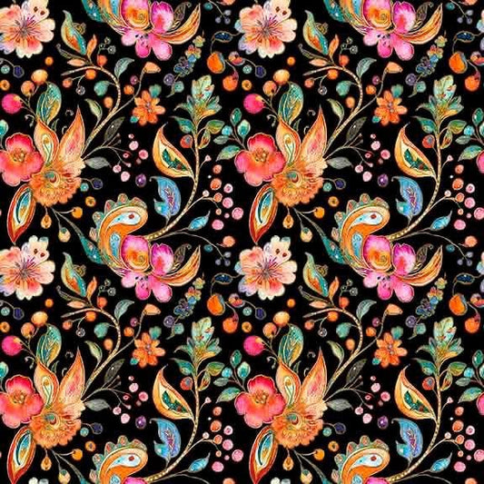 Image of Fluttering Gardens Floral Paisley Black quilting cotton fabric by Morris Creative Group for QT Fabrics. Features flowers on a black background. Cute Little Fabric Shop.