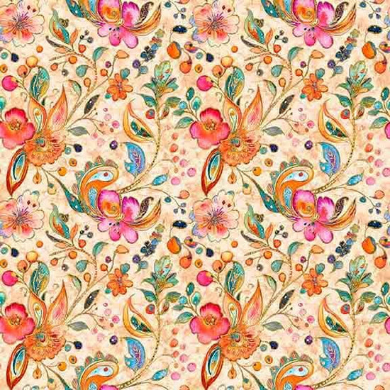 Image of Fluttering Gardens Floral Paisley Tan quilting cotton fabric by Morris Creative Group for QT Fabrics. Features flowers on a cream background. Cute Little Fabric Shop.