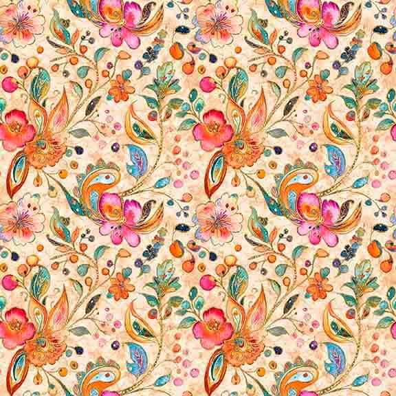 Image of Fluttering Gardens Floral Paisley Tan quilting cotton fabric by Morris Creative Group for QT Fabrics. Features flowers on a cream background. Cute Little Fabric Shop.
