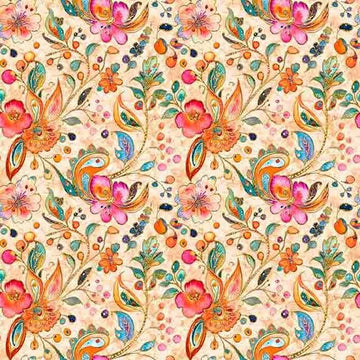 Image of Fluttering Gardens Floral Paisley Tan quilting cotton fabric by Morris Creative Group for QT Fabrics. Features flowers on a cream background. Cute Little Fabric Shop.