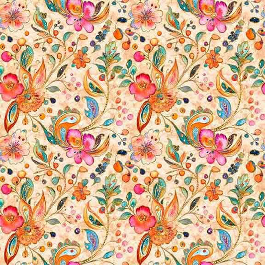 Image of Fluttering Gardens Floral Paisley Tan quilting cotton fabric by Morris Creative Group for QT Fabrics. Features flowers on a cream background. Cute Little Fabric Shop.