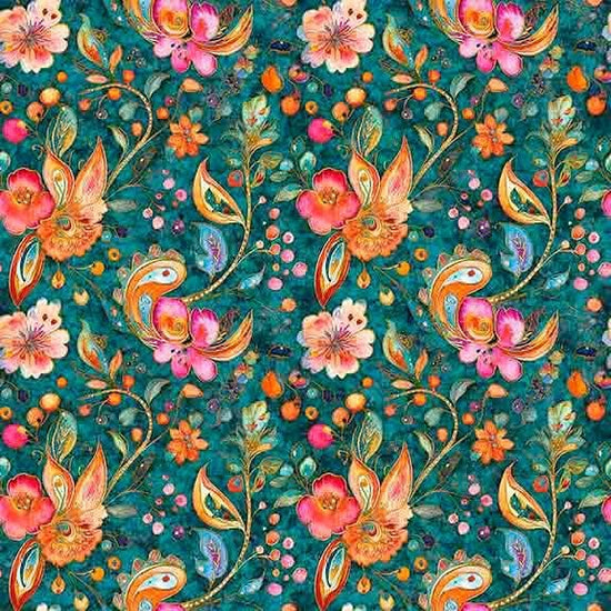 Image of Fluttering Gardens Floral Paisley Dark Turquoise quilting cotton fabric by Morris Creative Group for QT Fabrics. Features flowers on a blue background. Cute Little Fabric Shop.