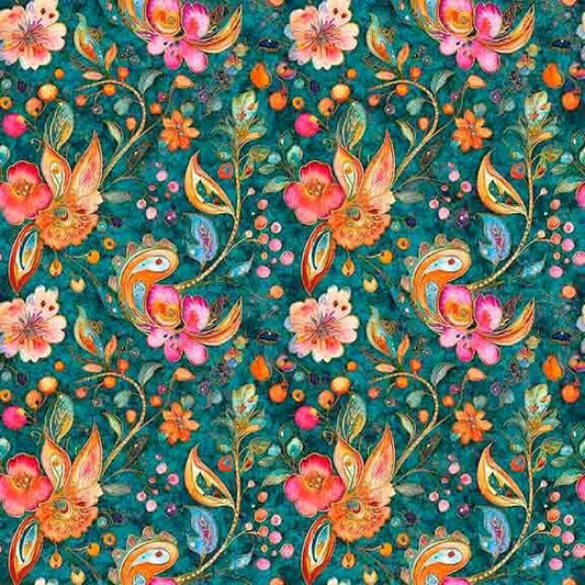 Image of Fluttering Gardens Floral Paisley Dark Turquoise quilting cotton fabric by Morris Creative Group for QT Fabrics. Features flowers on a blue background. Cute Little Fabric Shop.