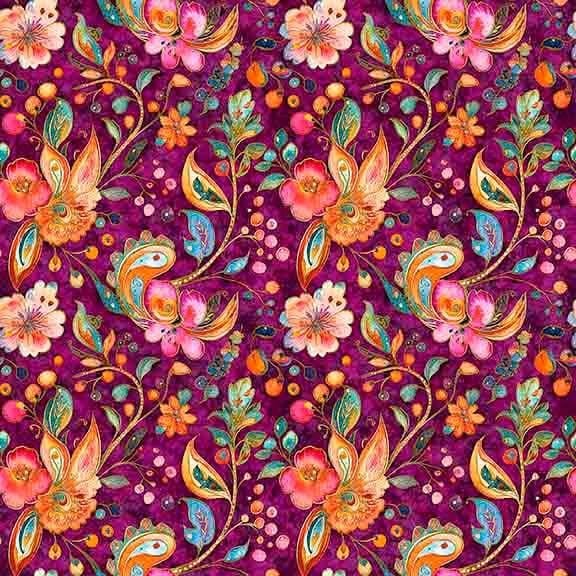Image of Fluttering Gardens Floral Paisley Sangria quilting cotton fabric by Morris Creative Group for QT Fabrics. Features flowers on a purple background. Cute Little Fabric Shop.