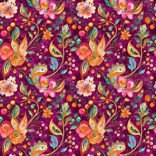 Image of Fluttering Gardens Floral Paisley Sangria quilting cotton fabric by Morris Creative Group for QT Fabrics. Features flowers on a purple background. Cute Little Fabric Shop.