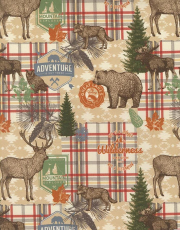 Image of Wild Blue Yonder Wilderness Multi quilting cotton fabric by Moda Fabrics. Features animals on a cream background. Cute Little Fabric Shop.