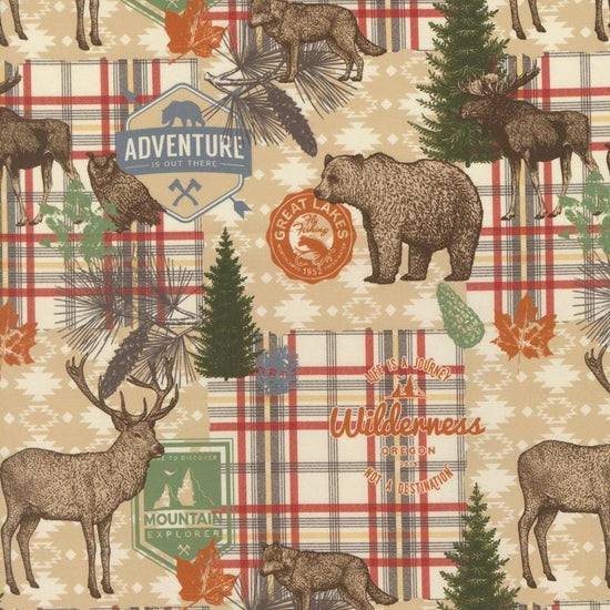 Image of Wild Blue Yonder Wilderness Multi quilting cotton fabric by Moda Fabrics. Features animals on a cream background. Cute Little Fabric Shop.