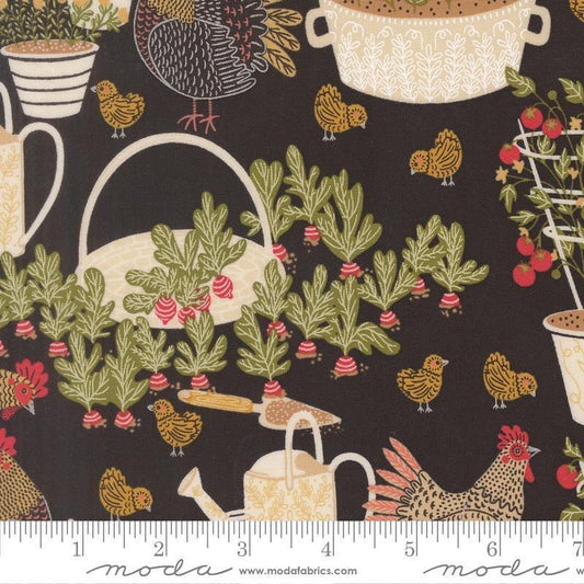 Image of The Henhouse Landscape Iron quilting cotton fabric by Gingiber for Moda Fabrics. Features garden plants and chickens on a black background. Cute Little Fabric Shop.
