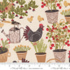 Image of The Henhouse Landscape Cloud quilting cotton fabric by Gingiber for Moda Fabrics. Features garden plants and chickens on a cream background. Cute Little Fabric Shop.