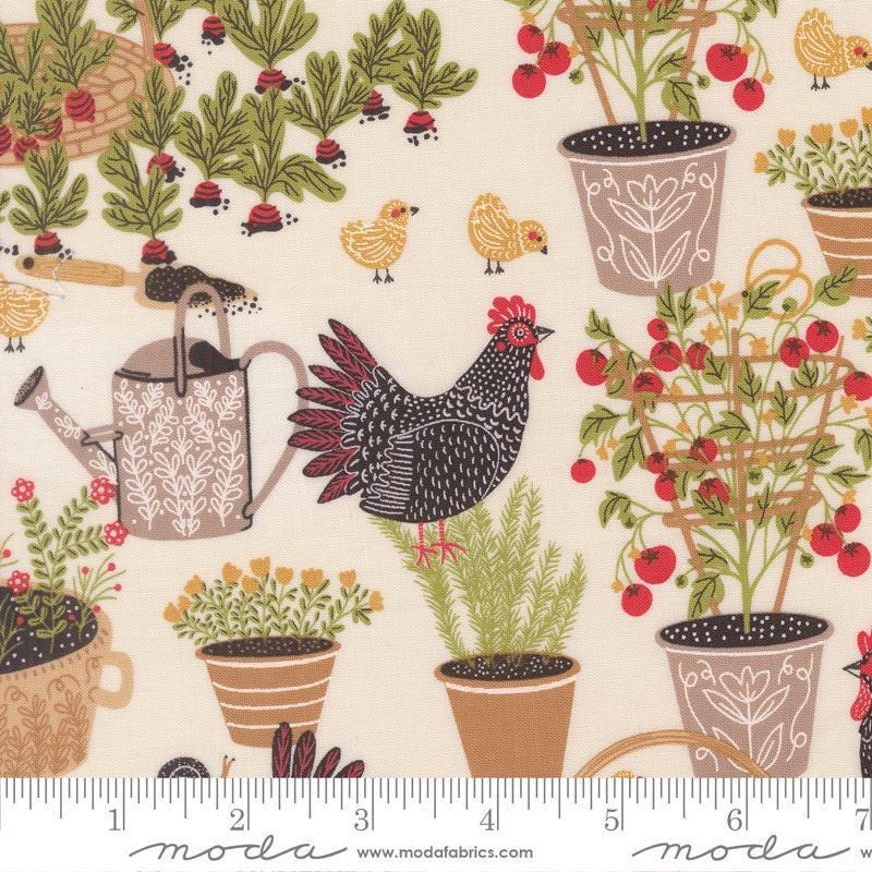 Image of The Henhouse Landscape Cloud quilting cotton fabric by Gingiber for Moda Fabrics. Features garden plants and chickens on a cream background. Cute Little Fabric Shop.