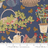 Image of The Henhouse Landscape Denim quilting cotton fabric by Gingiber for Moda Fabrics. Features garden plants and chickens on a blue background. Cute Little Fabric Shop.