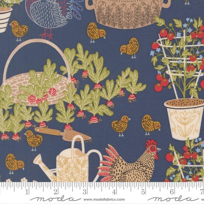 Image of The Henhouse Landscape Denim quilting cotton fabric by Gingiber for Moda Fabrics. Features garden plants and chickens on a blue background. Cute Little Fabric Shop.