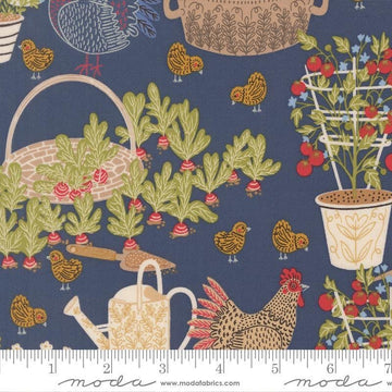 Image of The Henhouse Landscape Denim quilting cotton fabric by Gingiber for Moda Fabrics. Features garden plants and chickens on a blue background. Cute Little Fabric Shop.
