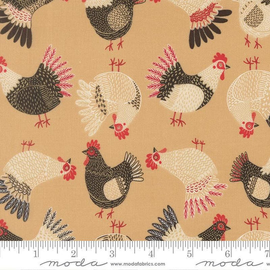 Image of The Henhouse Chickens Hay quilting cotton fabric by Gingiber for Moda Fabrics. Features chickens on a tan background. Cute Little Fabric Shop.
