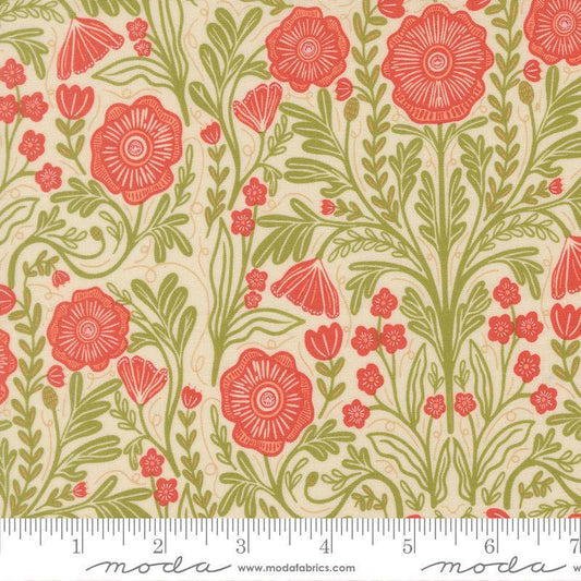 Image of The Henhouse Poppy Cloud quilting cotton fabric by Gingiber for Moda Fabrics. Features flowers on a cream background. Cute Little Fabric Shop.