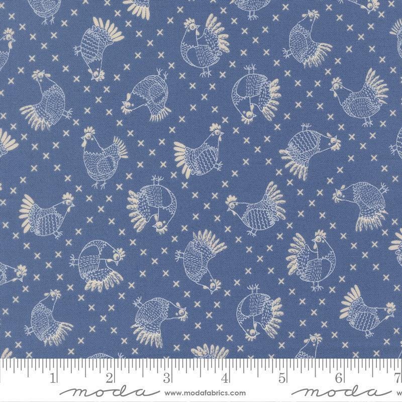 Image of The Henhouse Cross Stitch Cobalt quilting cotton fabric by Gingiber for Moda Fabrics. Features chickens on a blue background. Cute Little Fabric Shop.