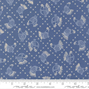 Image of The Henhouse Cross Stitch Cobalt quilting cotton fabric by Gingiber for Moda Fabrics. Features chickens on a blue background. Cute Little Fabric Shop.