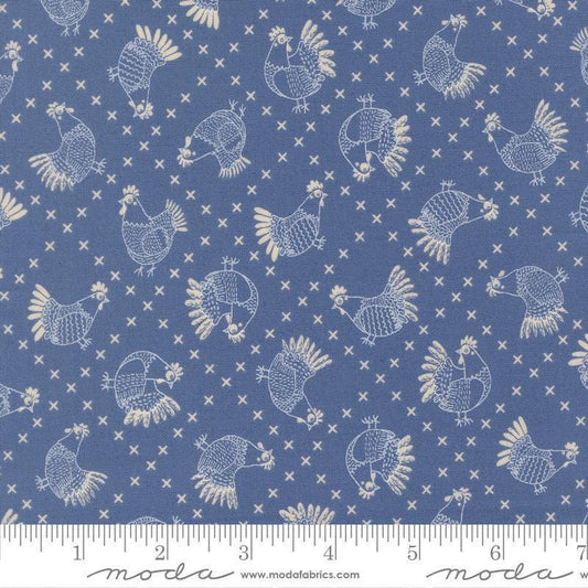 Image of The Henhouse Cross Stitch Cobalt quilting cotton fabric by Gingiber for Moda Fabrics. Features chickens on a blue background. Cute Little Fabric Shop.