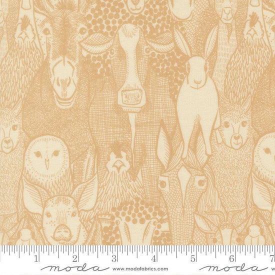 Image of The Henhouse Barnyard Hay quilting cotton fabric by Gingiber for Moda Fabrics. Features farm animals on a cream background. Cute Little Fabric Shop.