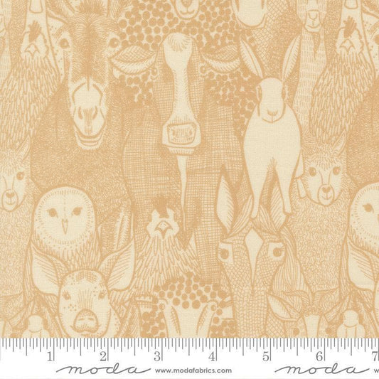 Image of The Henhouse Barnyard Hay quilting cotton fabric by Gingiber for Moda Fabrics. Features farm animals on a cream background. Cute Little Fabric Shop.