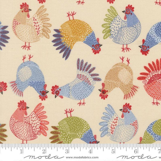 Image of The Henhouse Chickens Cloud quilting cotton fabric by Gingiber for Moda Fabrics. Features chickens on a cream background. Cute Little Fabric Shop.