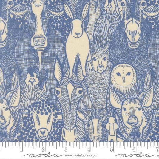 Image of The Henhouse Barnyard Cobalt quilting cotton fabric by Gingiber for Moda Fabrics. Features farm animals on a blue background. Cute Little Fabric Shop.