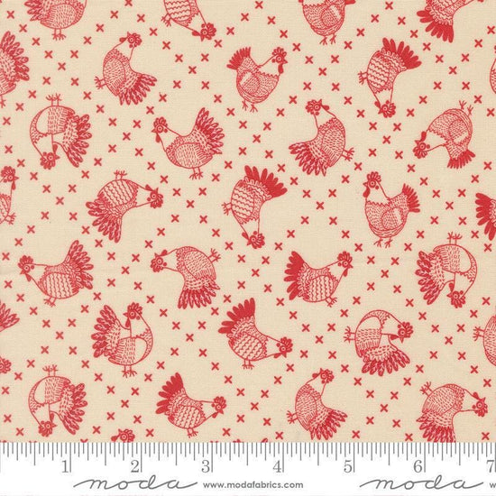 Image of The Henhouse Cross Stitch Cloud Barn quilting cotton fabric by Gingiber for Moda Fabrics. Features red chickens on a cream background. Cute Little Fabric Shop.
